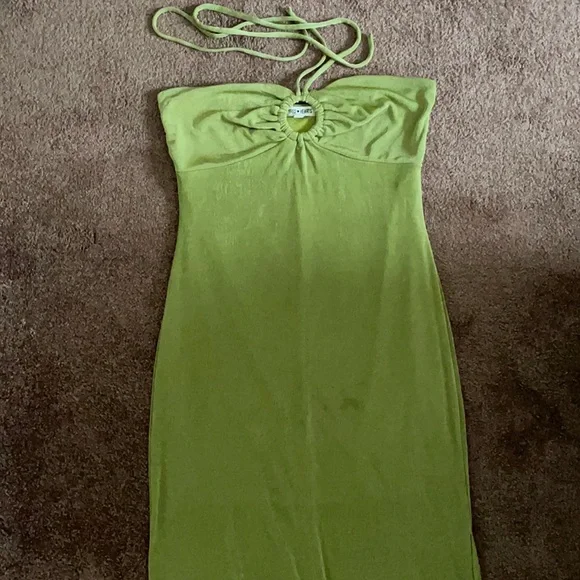 green dress with holes Mac Duggal One Shoulder Keyhole Detail With Feather Lining Lime, Size 6 main image 0